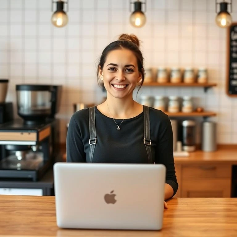Commerçante souriante derrière son comptoir, répondant aux avis Google de son établissement sur son ordinateur portable