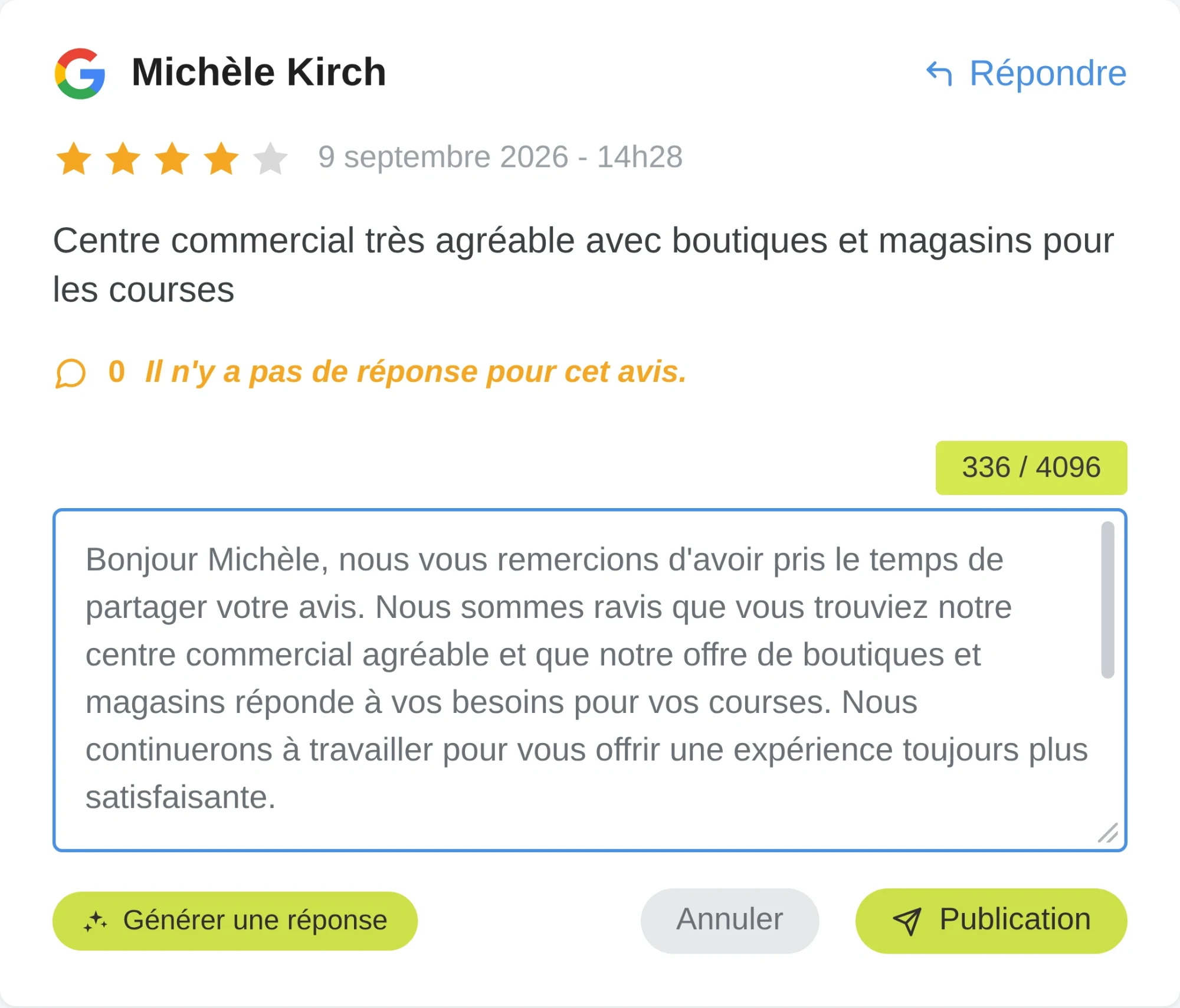 Interface All in Box montrant un avis Google de Michèle Kirch, la réponse préparée par Eden dans un champ de saisie, et les boutons « Générer une réponse » et « Publication »