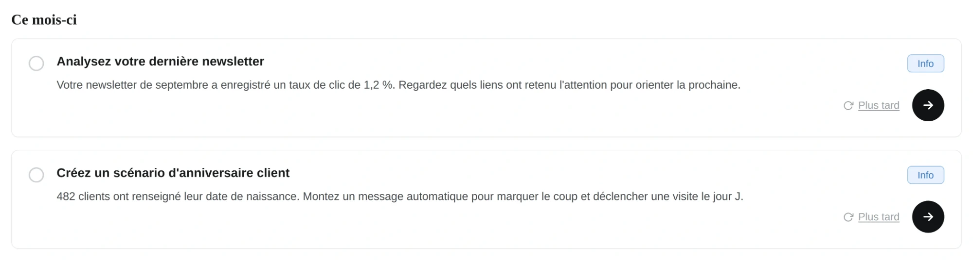 Section « Ce mois-ci » de l’interface All in Box : deux recommandations proposées par Eden, marquées Info, chacune avec un bouton d’action et un report « Plus tard »