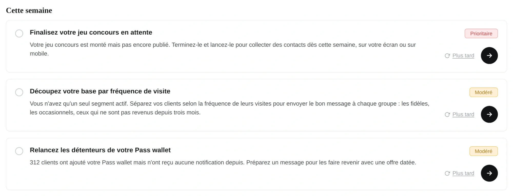 Section « Cette semaine » de l’interface All in Box : trois recommandations proposées par Eden, dont une marquée Prioritaire et deux marquées Modéré, chacune avec un bouton d’action et un report « Plus tard »