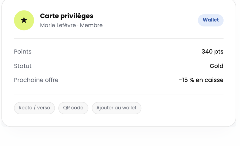 Exemple de carte privilèges Pass Wallet avec points, statut et prochaine offre
