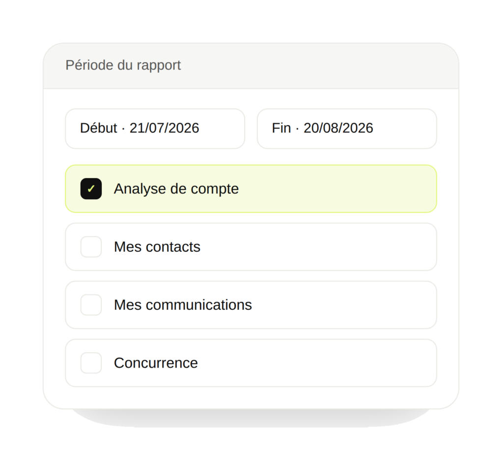 Sélection de la période du rapport et des thématiques à inclure : analyse de compte, contacts, communications, concurrence