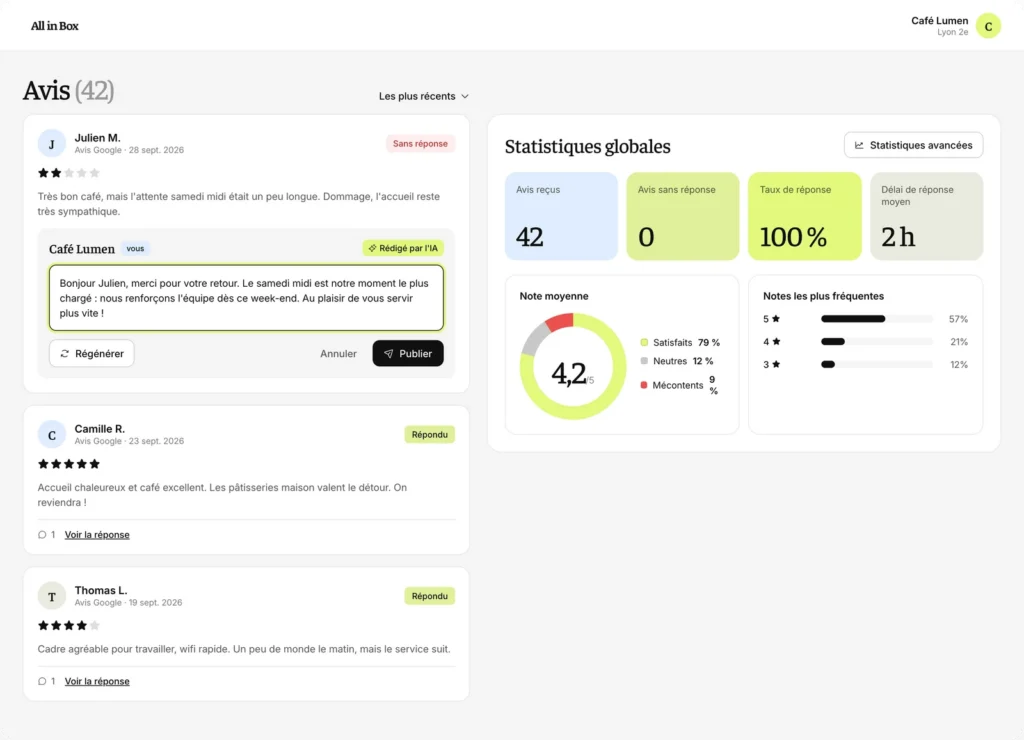 Le module e-réputation d’All in Box, tous les avis rassemblés sur un seul écran