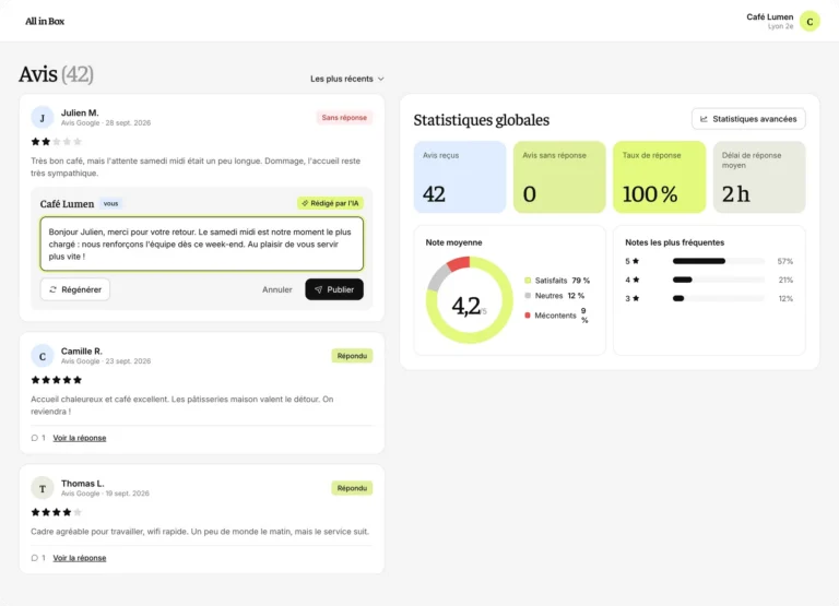 Le module e-réputation d’All in Box, tous les avis rassemblés sur un seul écran