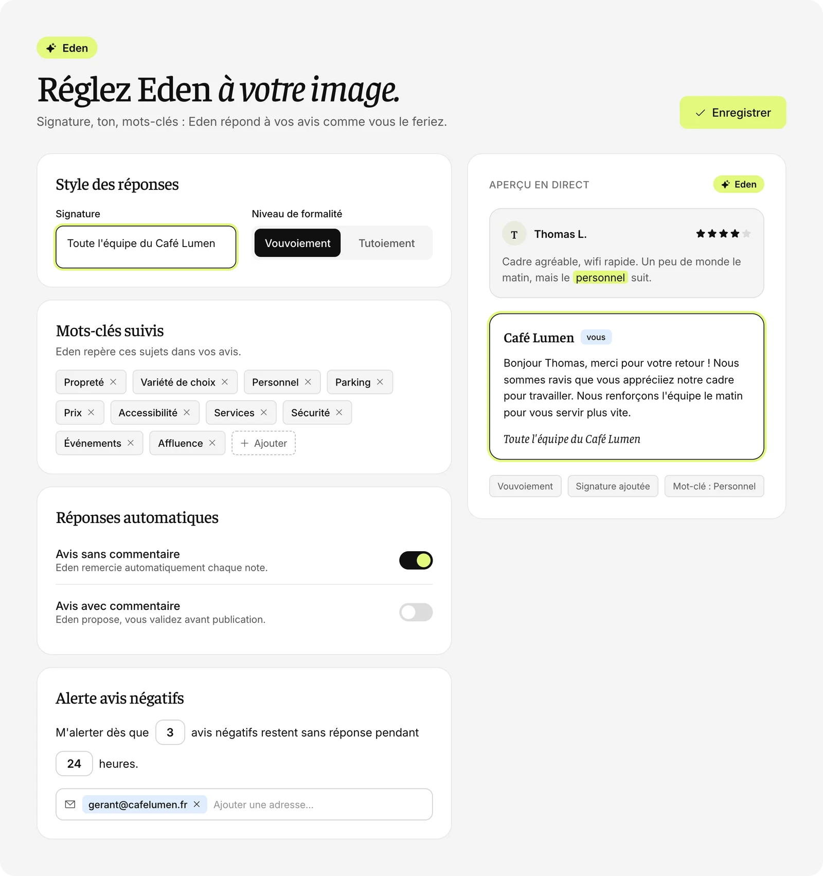 Les réglages d’Eden : signature, niveau de formalité, mots-clés suivis et alertes