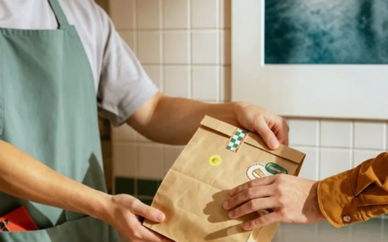Commerçant en tablier remettant un sac kraft à un client au comptoir de sa boutique