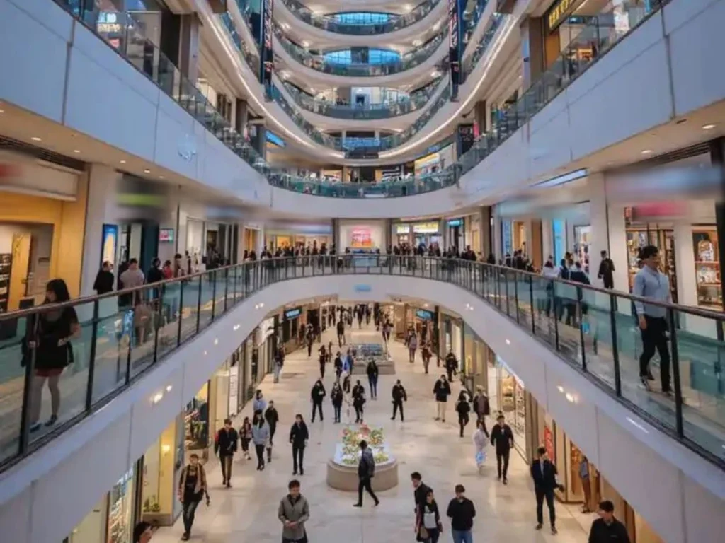 Galerie d’un centre commercial sur plusieurs niveaux, avec ses enseignes et ses visiteurs