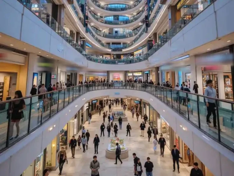 Galerie d’un centre commercial sur plusieurs niveaux, avec ses enseignes et ses visiteurs