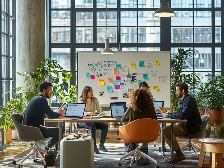 Cinq personnes réunies autour d’une table dans un bureau lumineux, leurs ordinateurs portables ouverts devant un tableau blanc couvert de notes de couleur