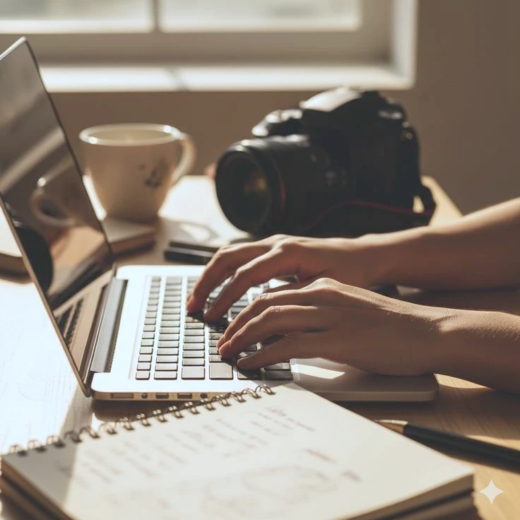 Mains tapant sur un ordinateur portable dans une lumière douce, à côté d’un carnet de notes, d’un appareil photo et d’une tasse de café