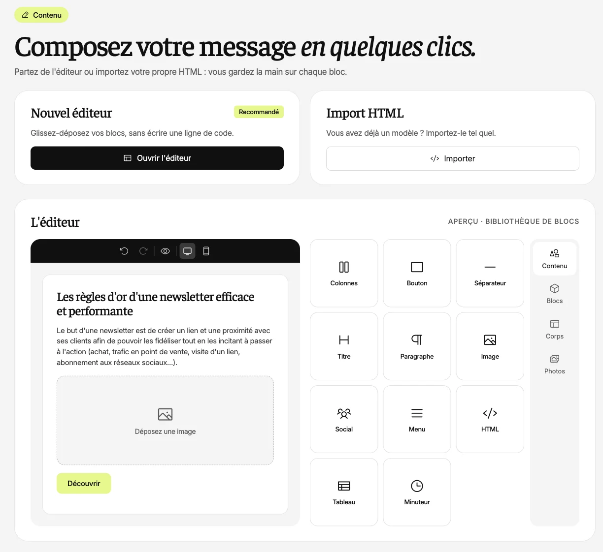L’éditeur de newsletter All in Box et sa bibliothèque de blocs : titre, image, paragraphe, bouton