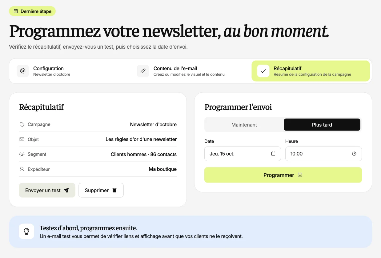 Récapitulatif de la campagne et programmation de l’envoi à la date choisie