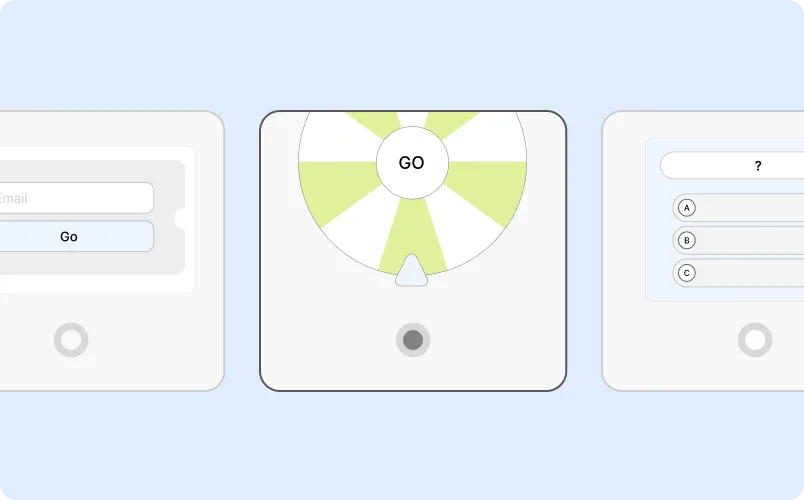 Interface with a central spinning wheel labeled 'GO' and two adjacent panels showing form input on the left and a multiple-choice question on the right.