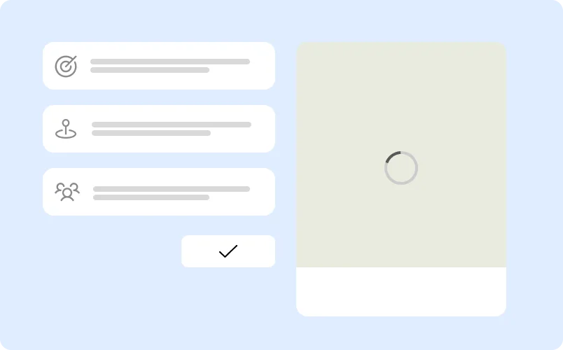 Interface utilisateur avec trois options représentées par des icônes de cible, épingle et groupe, et un cercle de chargement sur un panneau à droite.