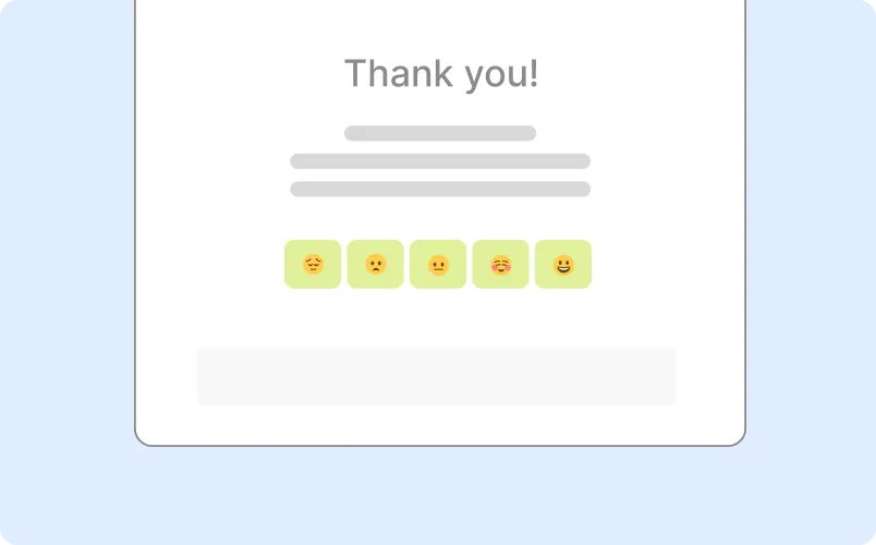 Message de remerciement avec cinq boutons d'évaluation emoji exprimant différentes émotions, sur fond clair.