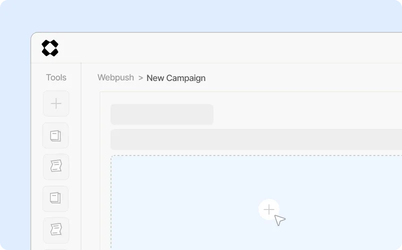 Interface d'une application Web affichant la création d'une nouvelle campagne Webpush, avec une barre d’outils à gauche et un curseur de souris pointant sur une icône plus au centre.