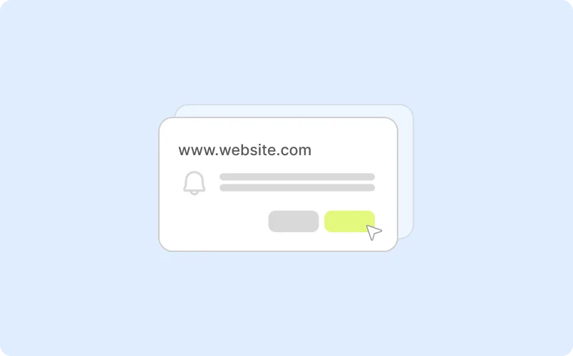 Fenêtre de notification de site web avec icône de cloche et bouton lumineux cliquable.