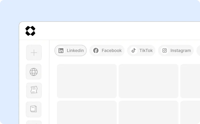 Interface d'application avec onglets pour Linkedin, Facebook, TikTok, et Instagram sur un fond bleu clair.
