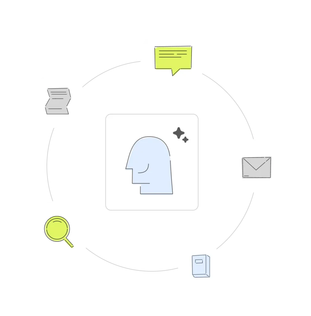 Illustration d'une tête stylisée entourée de cinq icônes circulaires représentant une loupe, un document plié, une bulle de dialogue, une enveloppe et un livre.