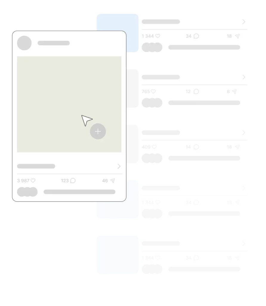 Interface utilisateur abstraite montrant une carte de profil en avant avec une grande zone d'image, un curseur de souris, et plusieurs cartes de liste empilées avec des icônes de likes, commentaires et partages floues en arrière-plan.