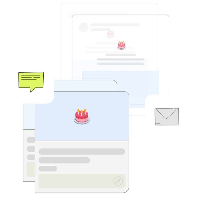 Illustration de plusieurs fenêtres d'interface avec une icône de gâteau d'anniversaire et des symboles de message et d'email.