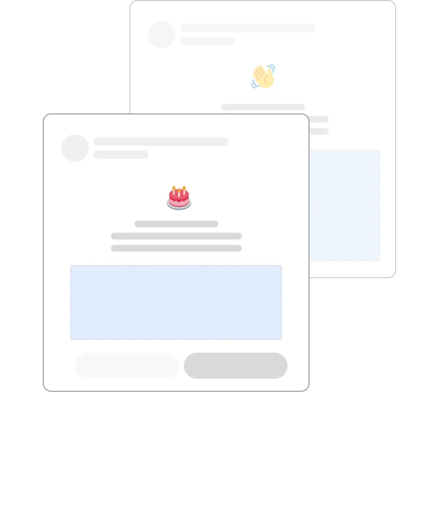 Illustration de deux messages stylisés, l'un avec un emoji de gâteau d'anniversaire et l'autre avec un emoji de main qui fait signe.