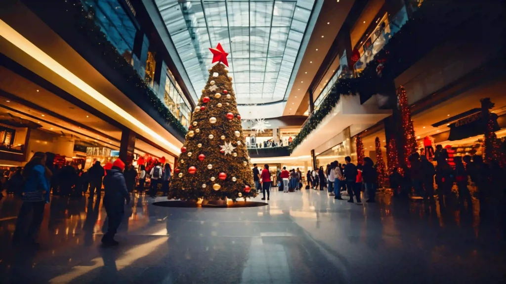 Grand sapin de Noël illuminé au centre d’une galerie marchande fréquentée